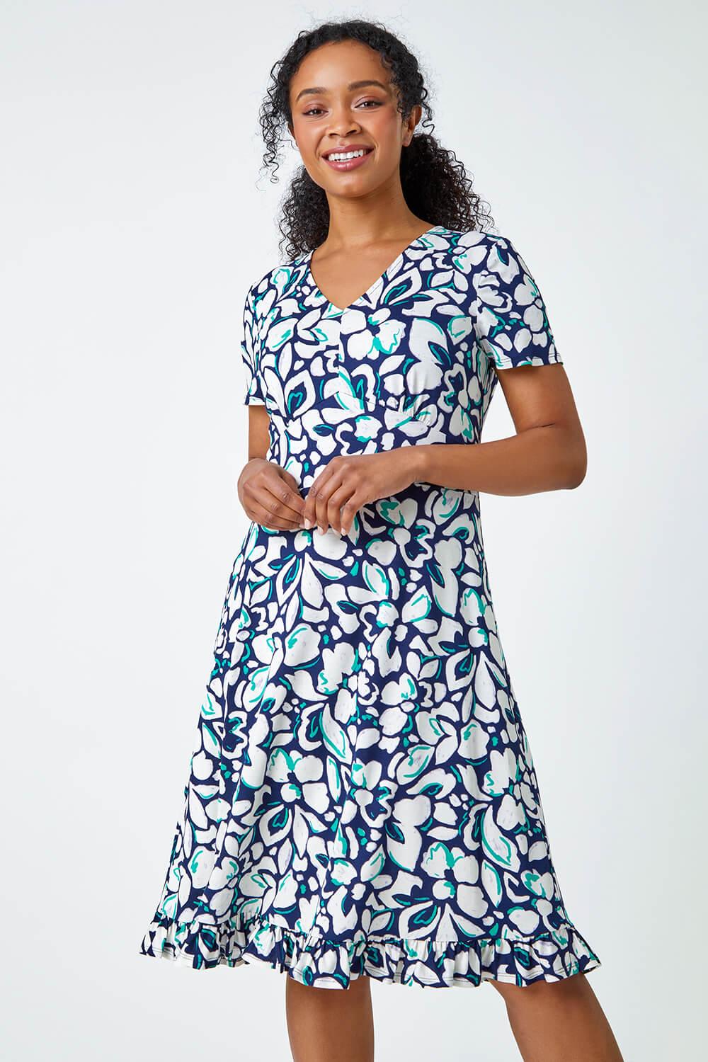 Floral Print Frill Detail Midi Dress in Navy - Roman Originals UK