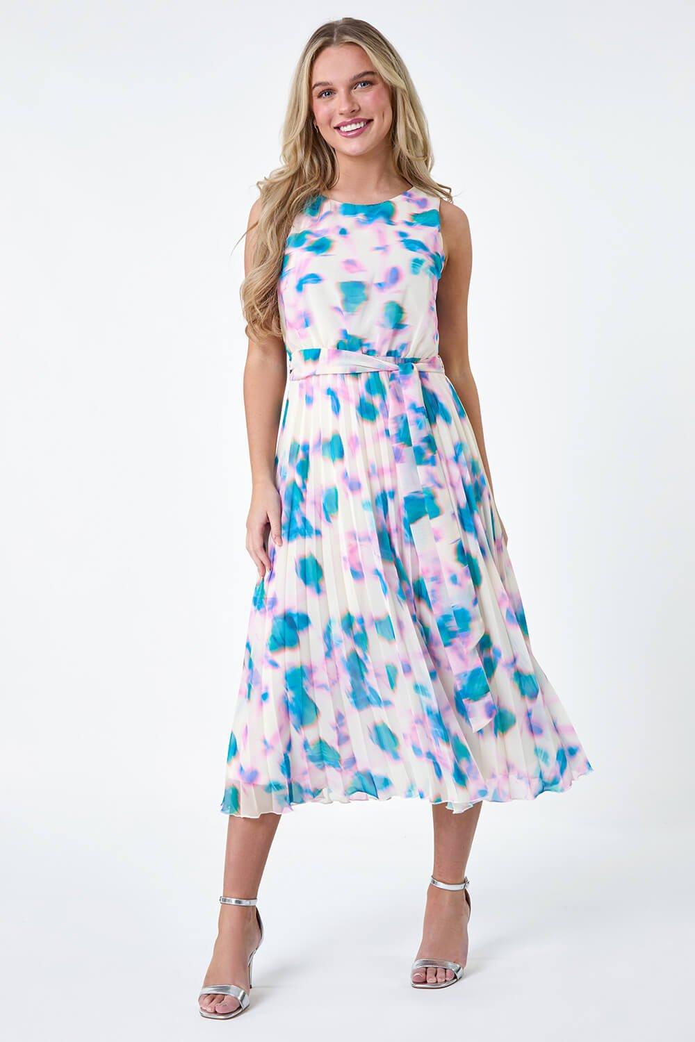 Roman Petite Abstract Print Pleated Midi Dress in Blue Lyst UK