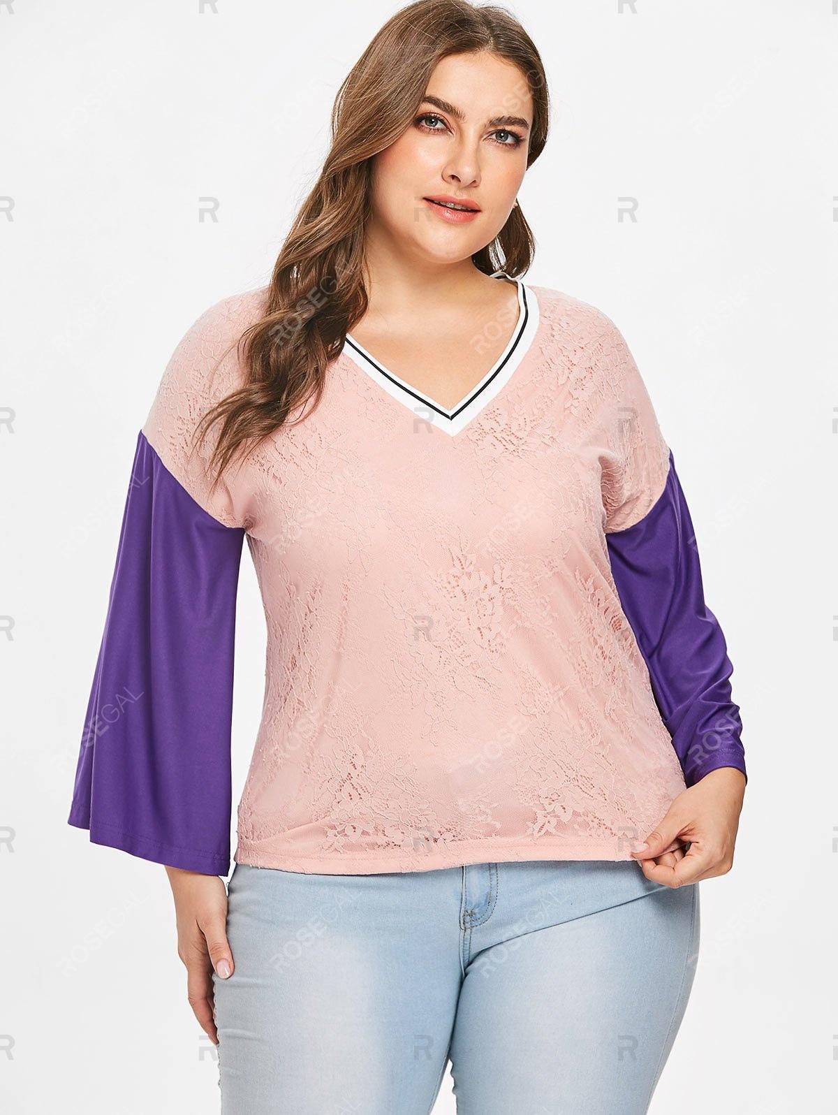 Rosegal Plus Size Color Block Eyelash Lace Top in Pink - Lyst