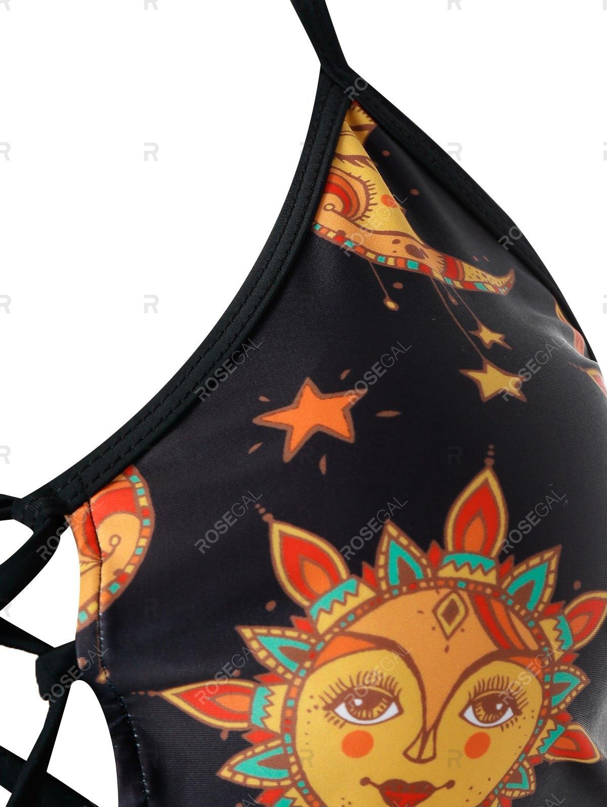 sun moon star print lace up tummy control tankini swimwear