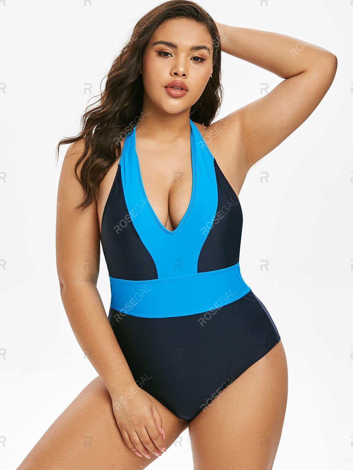 Rosegal Synthetic Plus Size Plunge Backless Colorblock One ...