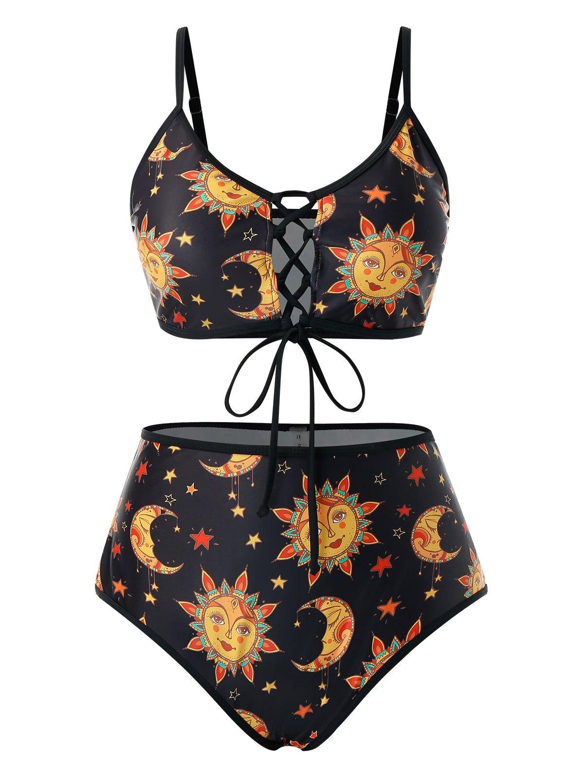 sun moon star print lace up tummy control tankini swimwear