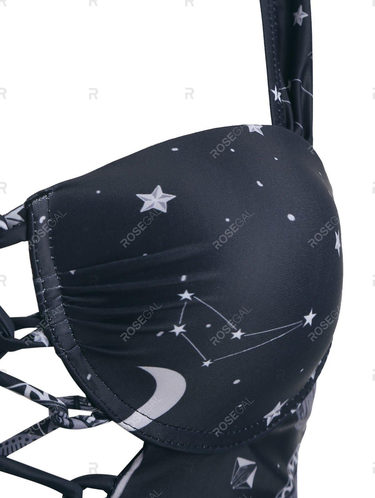 sun moon star print lace up tummy control tankini swimwear