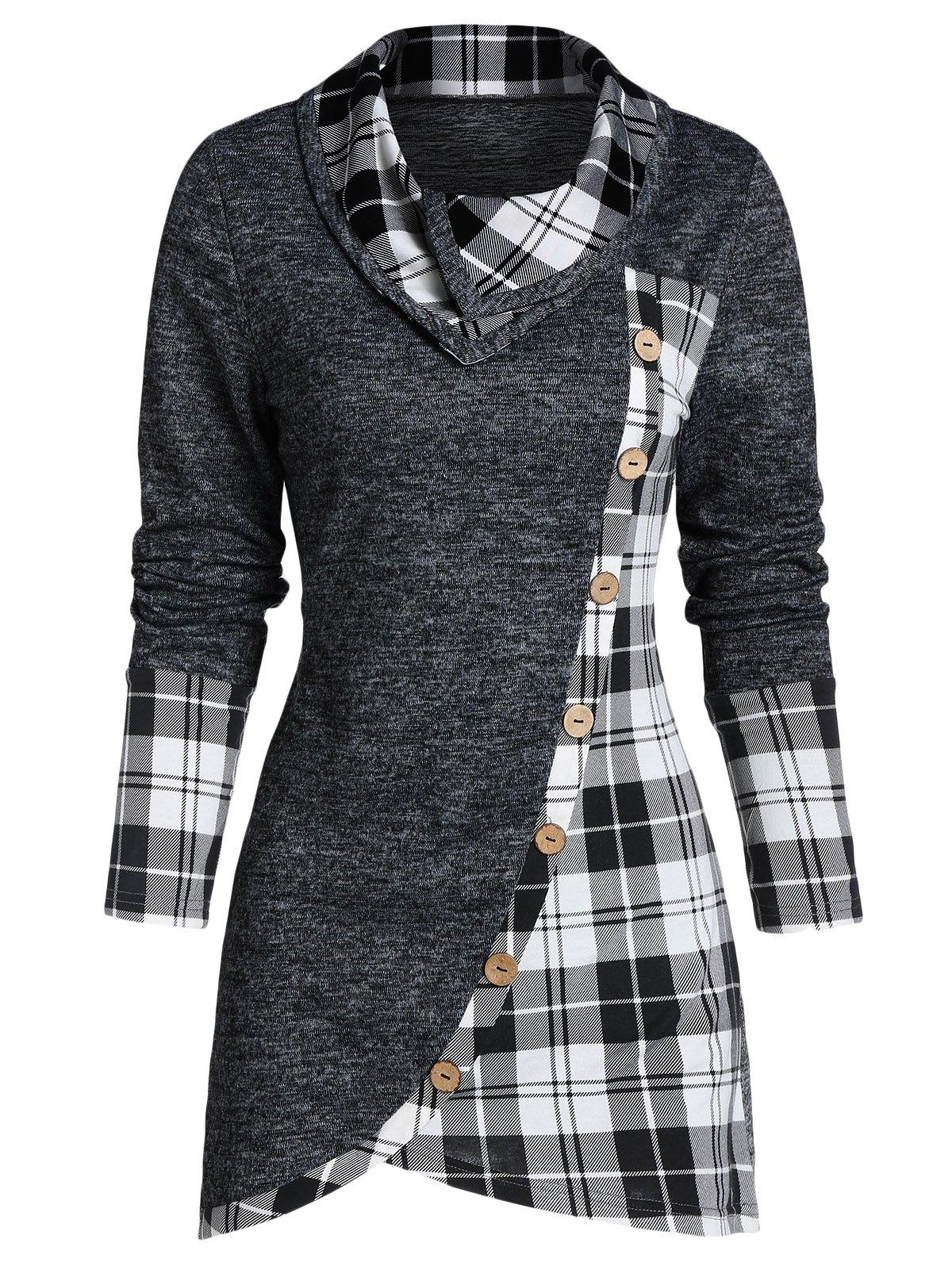 Download Rosegal Synthetic Plaid Print Mock Button Overlap Tunic T ...