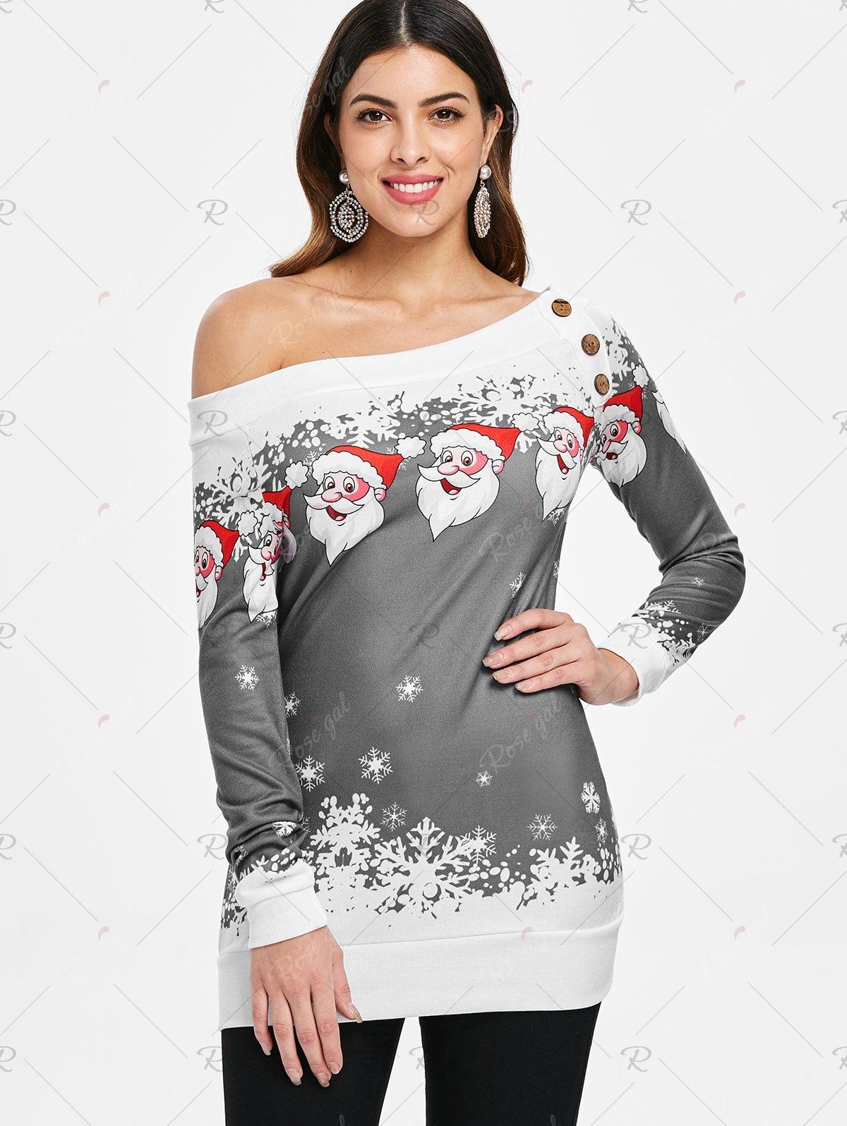 skew neck santa claus snowflake pullover christmas sweatshirt