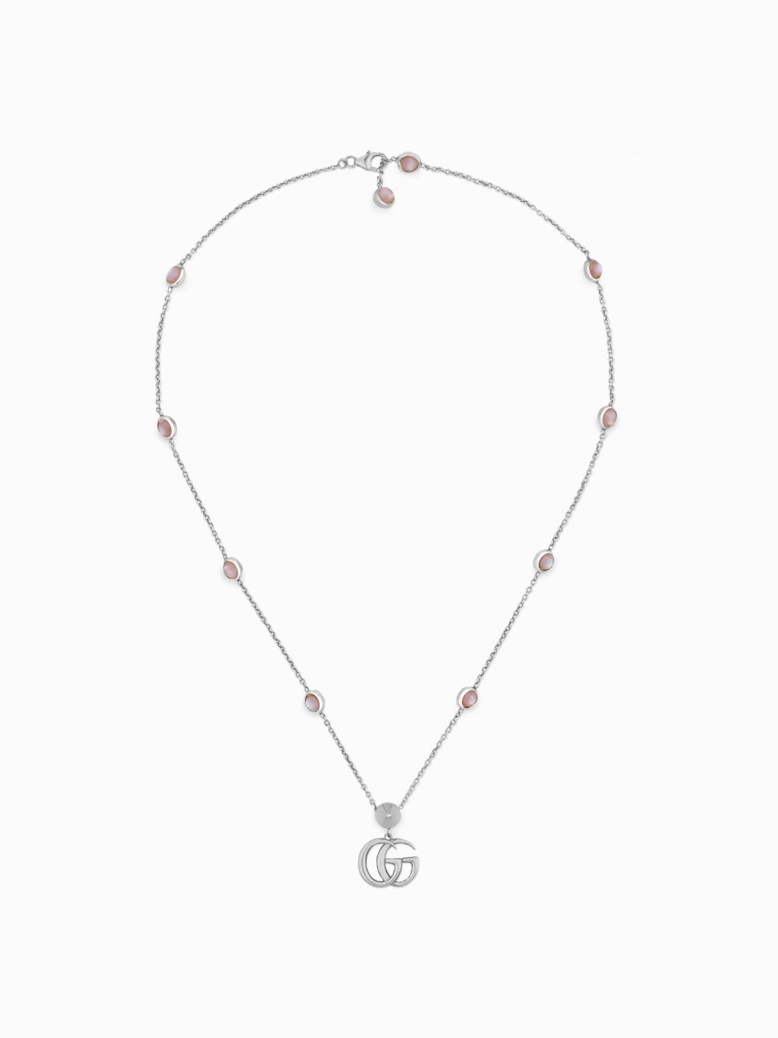 Gucci GG Marmont Necklace In Silver With Monogram And Pink Mother-of