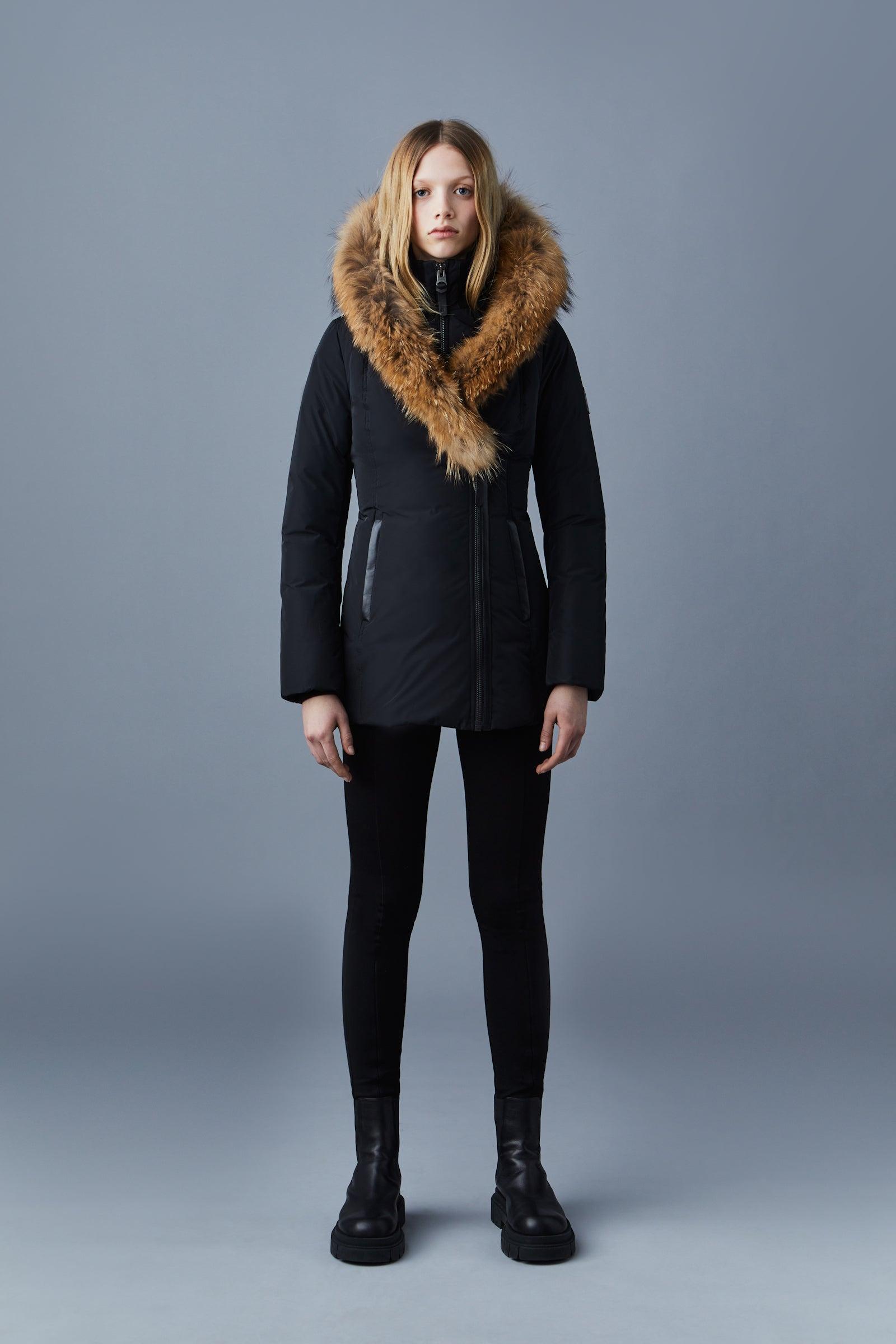 Adali fitted winter down coat hotsell with hood and fur trim