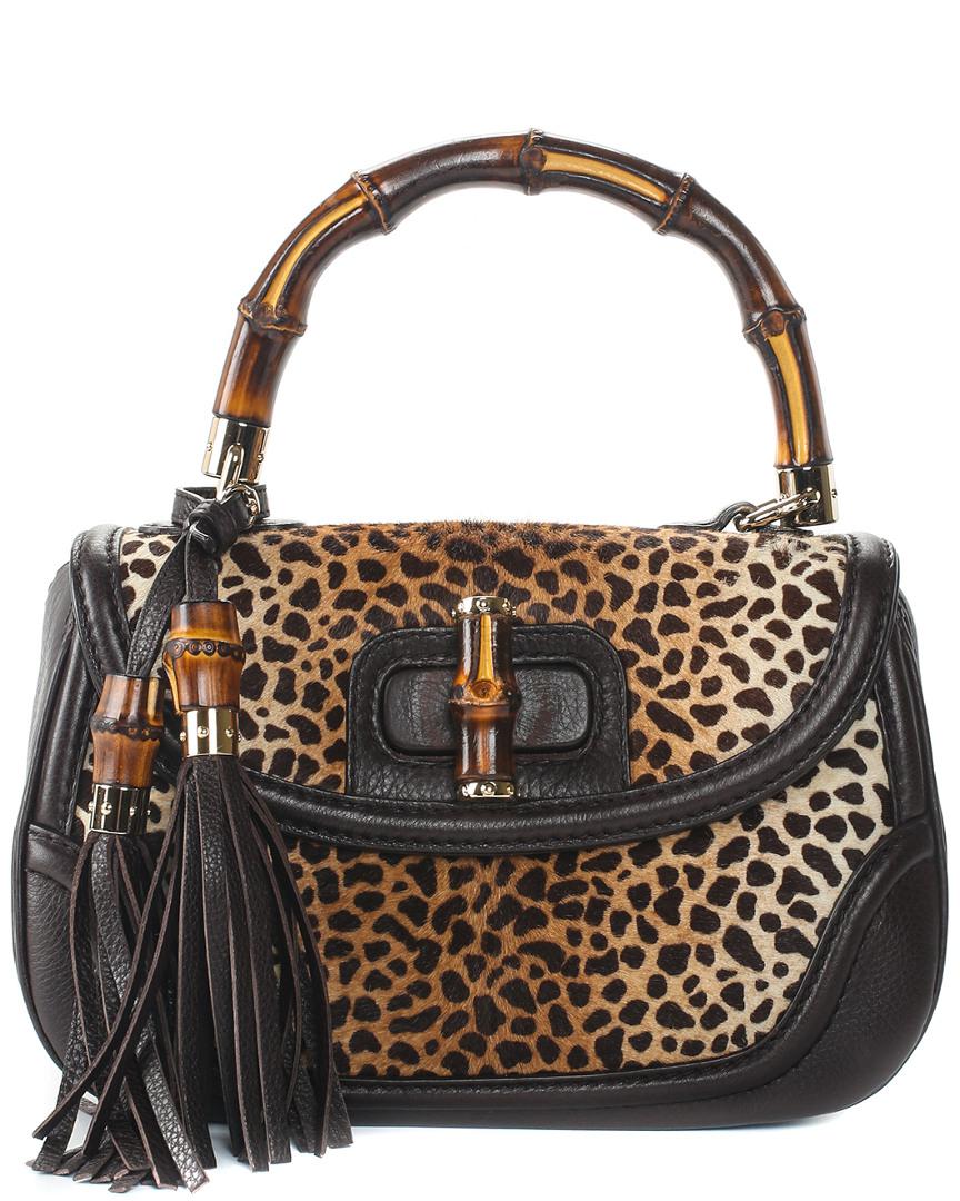 Gucci Leopard Print Ponyhair & Brown Leather Shoulder Bag - Lyst