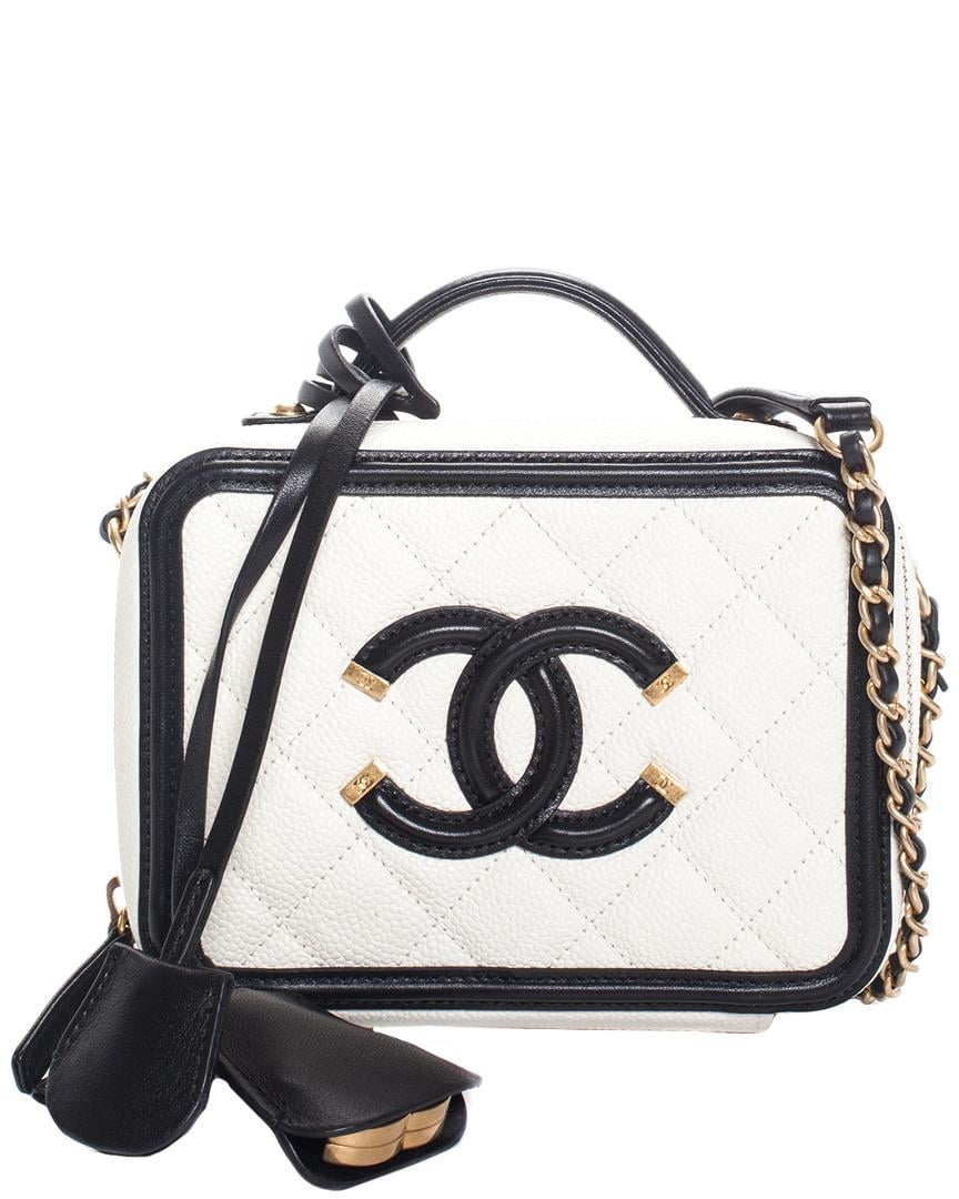 Chanel White & Black Quilted Caviar Leather Cc Filigree Small Vanity Case