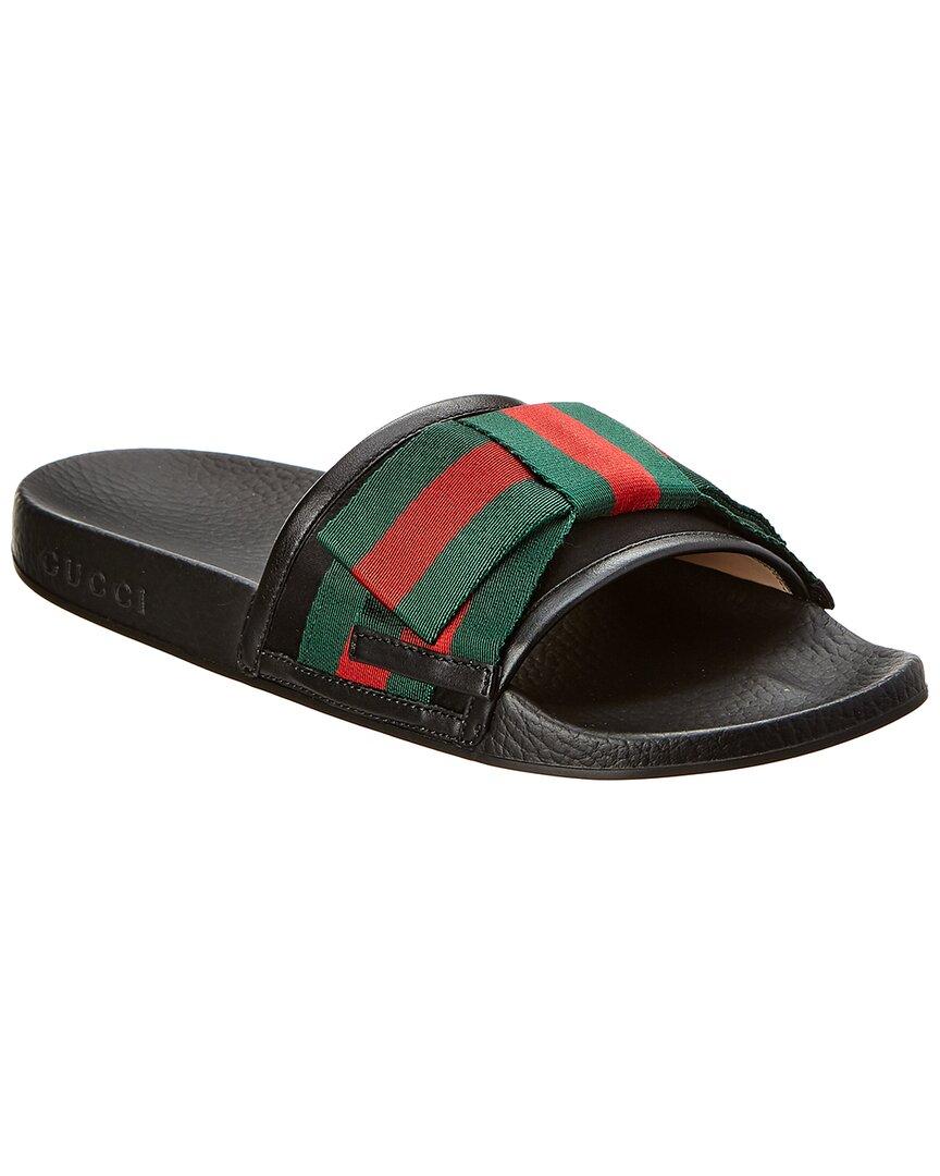 Gucci Web Bow Satin & Rubber Slide in Black | Lyst