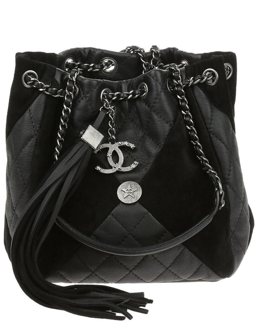 Chanel Black Goatskin Suede Calfskin Cc Bundle Drawstring Bag