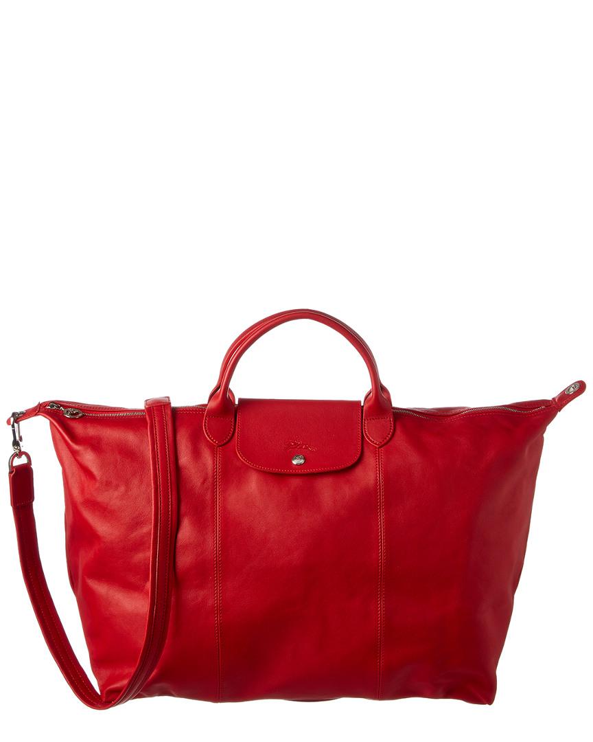 Longchamp Le Pliage Cuir Large Leather Travel Bag in Red | Lyst