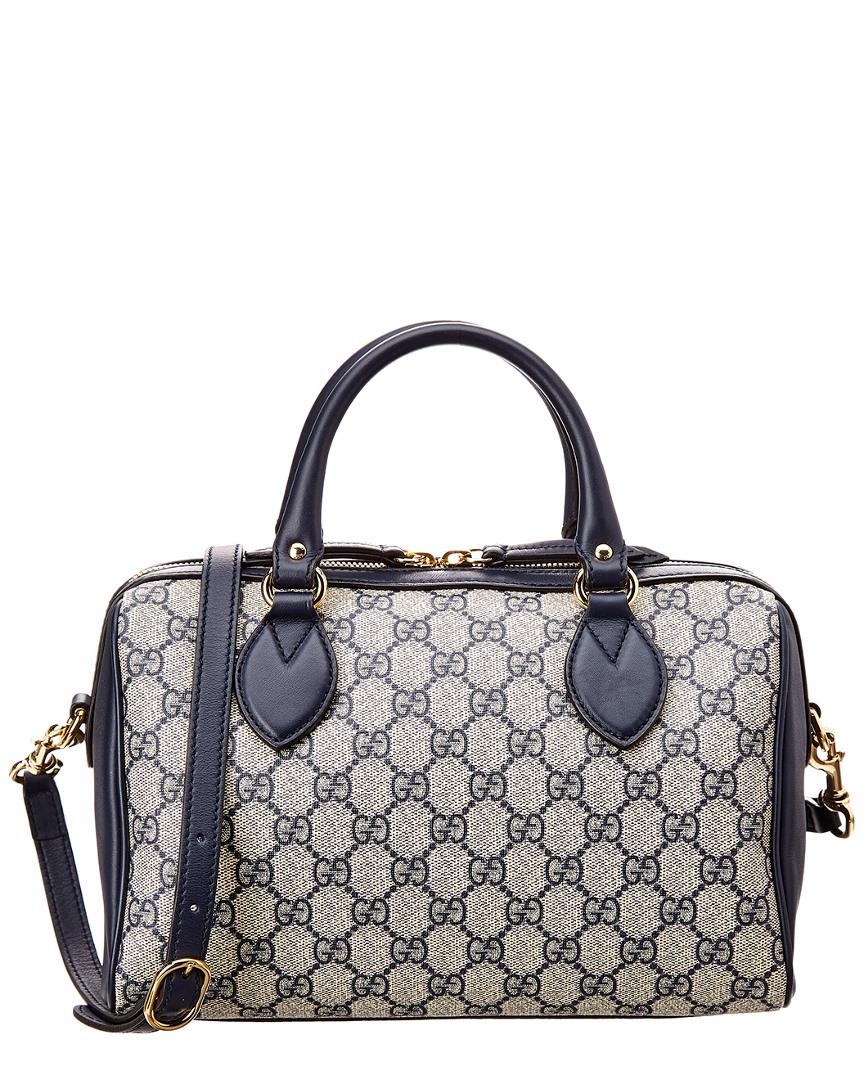 Gucci Navy GG Supreme Canvas & Leather Boston Bag in Blue - Lyst