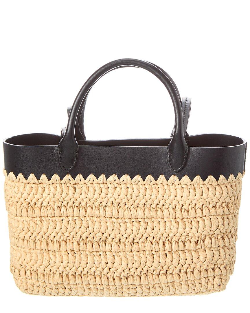 Prada Logo Mini Raffia & Leather Tote in White | Lyst