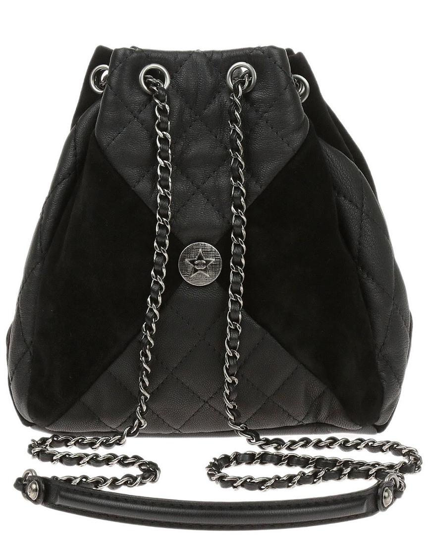 Chanel Black Goatskin Suede Calfskin Cc Bundle Drawstring Bag