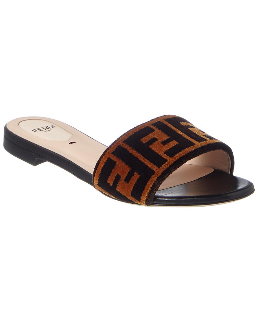 Fendi Ff Leather & Velvet Slide Sandal in Brown | Lyst
