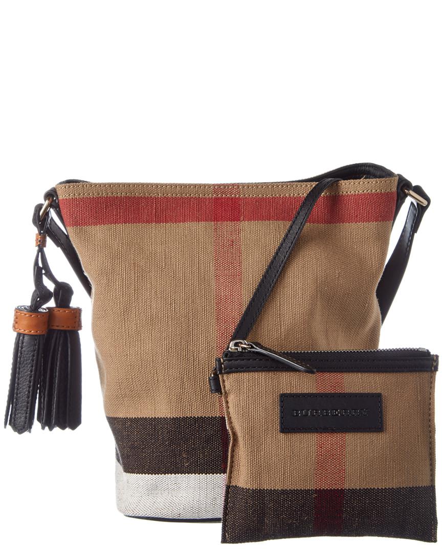 Burberry Ashby Small Canvas Check & Leather Bucket Bag in Natural | Lyst