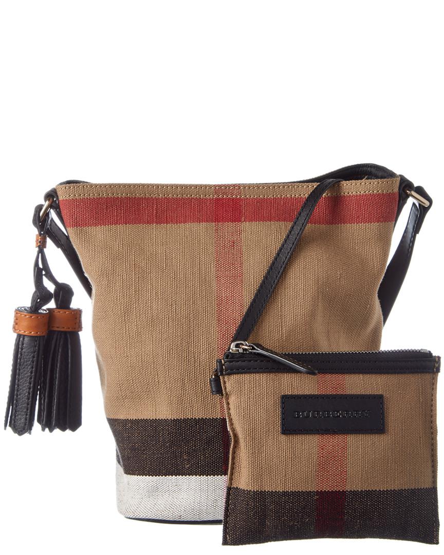 Burberry Leather & Check Canvas Fringe Bucket Bag