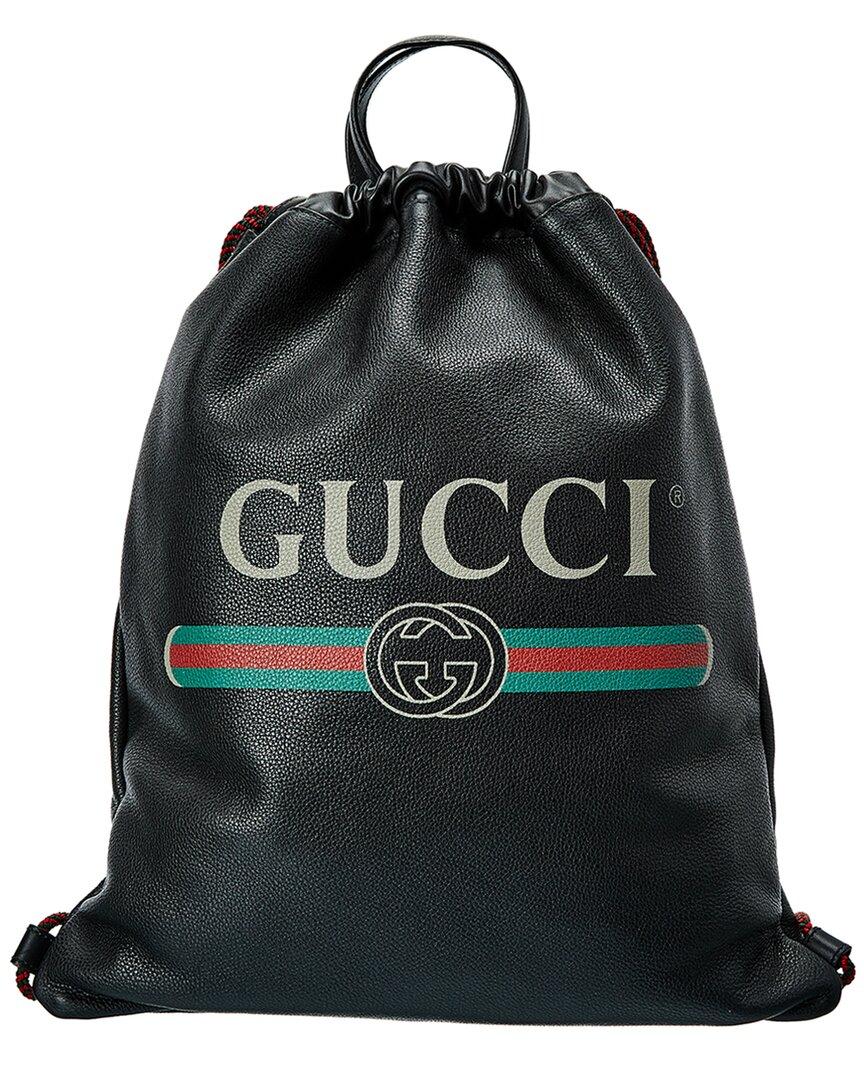GUCCI Logo Print Calfskin Leather Drawstring Backpack Bag Black 523586