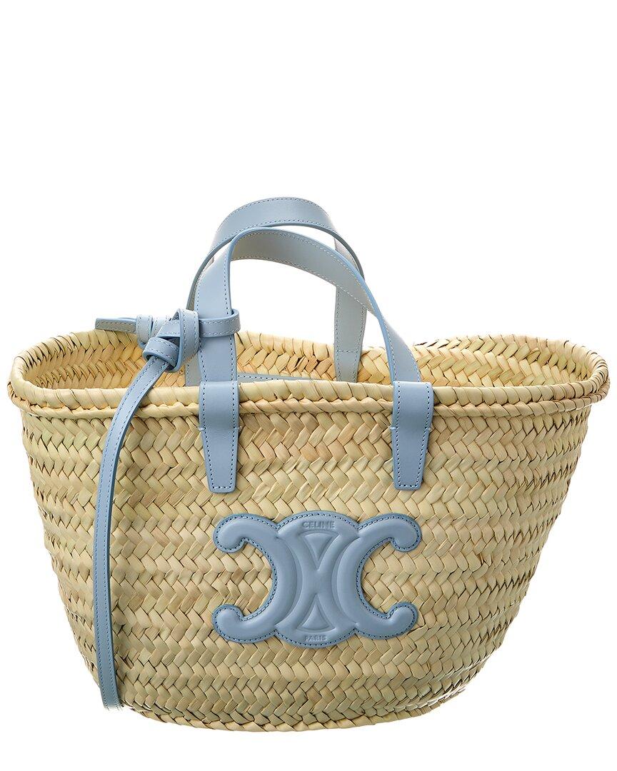 Celine Triomphe Classic Panier Straw & Leather Tote in Blue