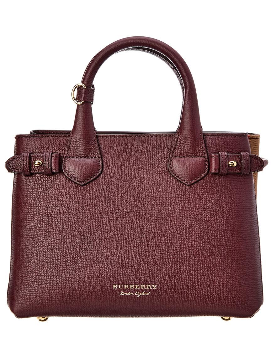 Burberry Small Banner House Check & Leather Tote in Red | Lyst