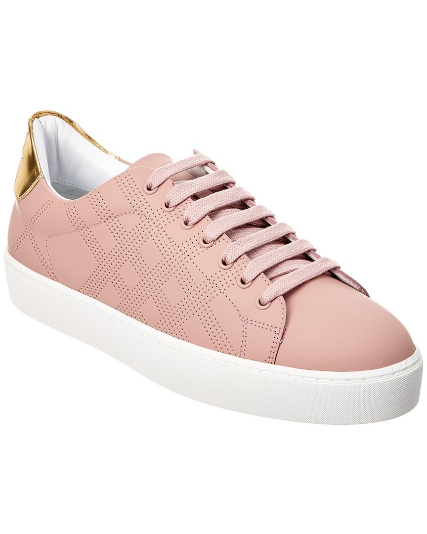 Burberry Perforated Check Leather Sneaker in Pink | Lyst