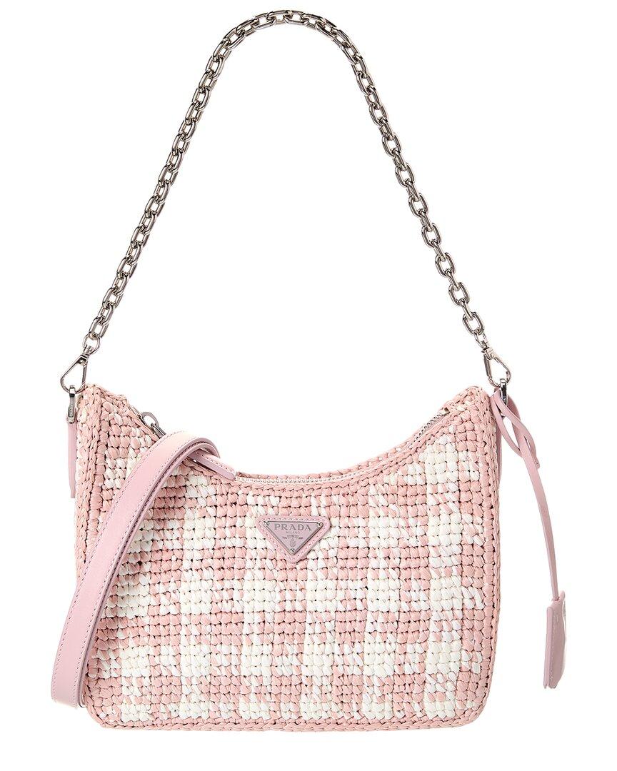 Prada Logo Plaque Raffia Leather Hobo Bag in Pink Lyst UK