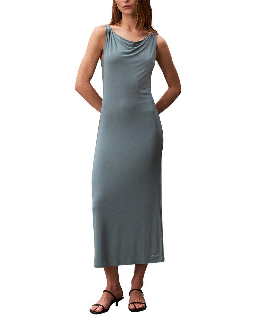 dirty blue color dress Dusty Blue Plunging Neck Empire Slit Charmeuse Bridesmaid Dress main image 1