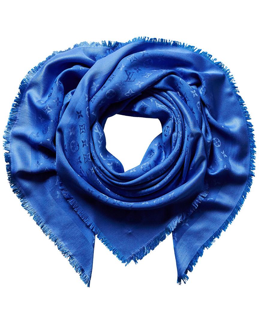 LOUIS VUITTON Wool Silk Monogram Denim Shawl Blue 173084