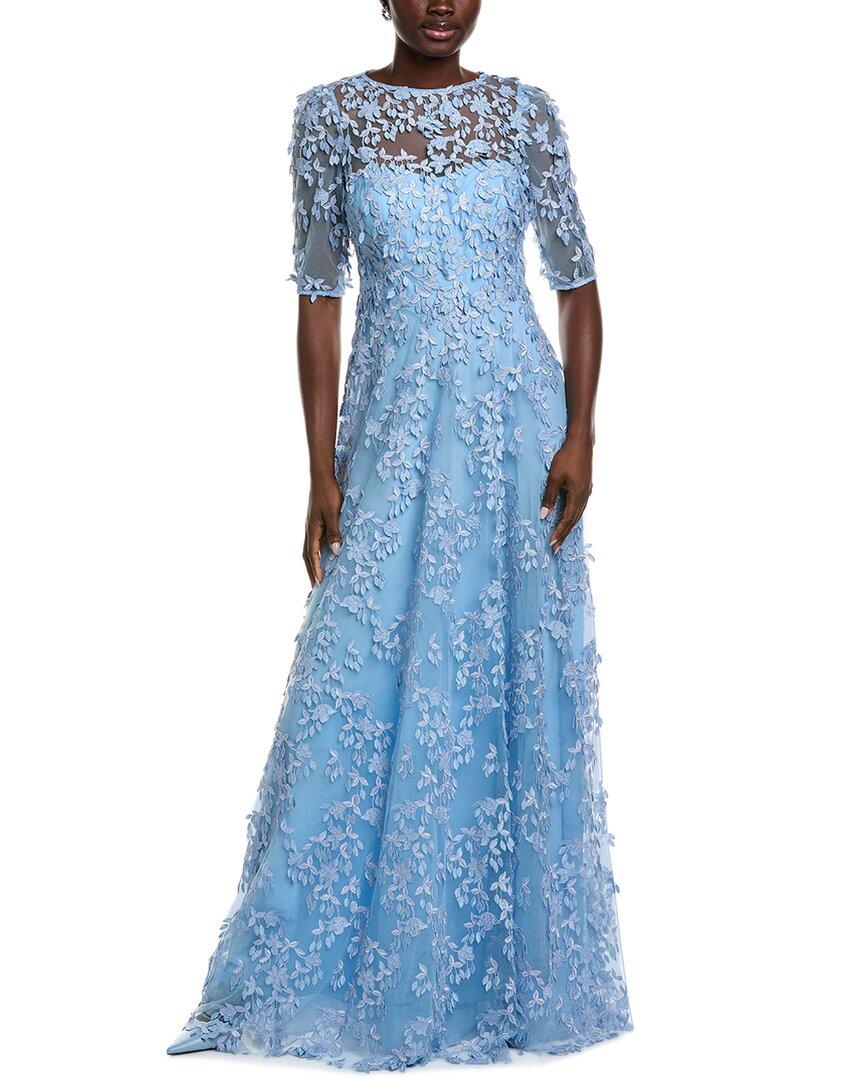 Teri Jon Floral Applique Tulle Maxi Dress in Blue | Lyst