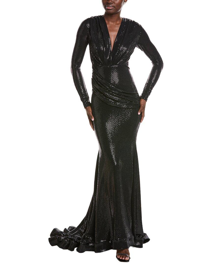 designer evening dresses new york Dawn | Black High-Neck Maxi Dress With One Long Cape-Sleeve main image 0