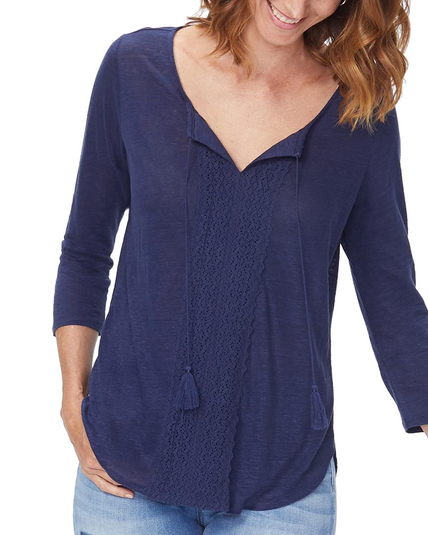 NYDJ 3/4sleeve Linen Lacetrim Henley Top in Blue Lyst