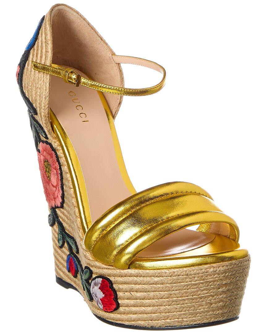 Gucci Embroidered Leather Wedge Sandal in Metallic | Lyst