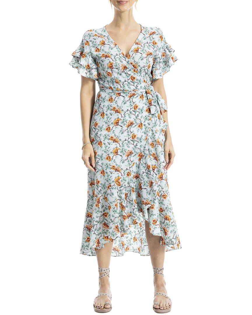 max studio patterned ruffle wrap midi dress Max Studio Ruffle Wrap Midi Dress BLUE Floral Stretchy Size Small