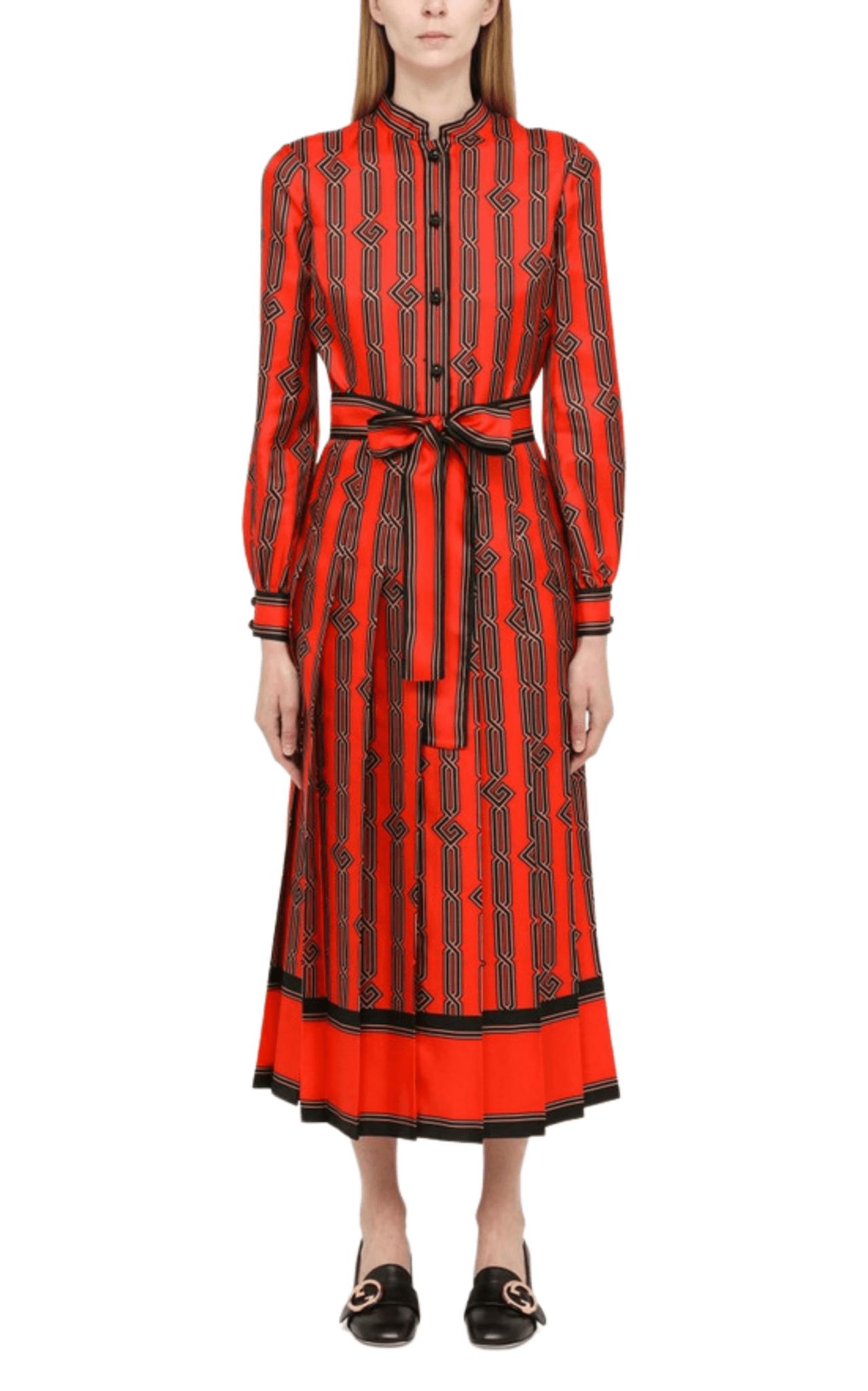 Gucci Square G Chain Print Silk Dress in Red | Lyst