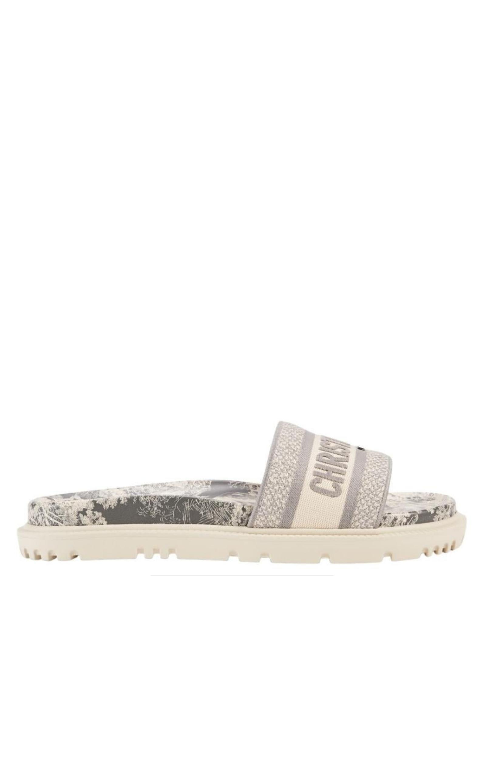 Dior D-way Toile De Jouy Cotton Embroidery Slide Sandals in White | Lyst