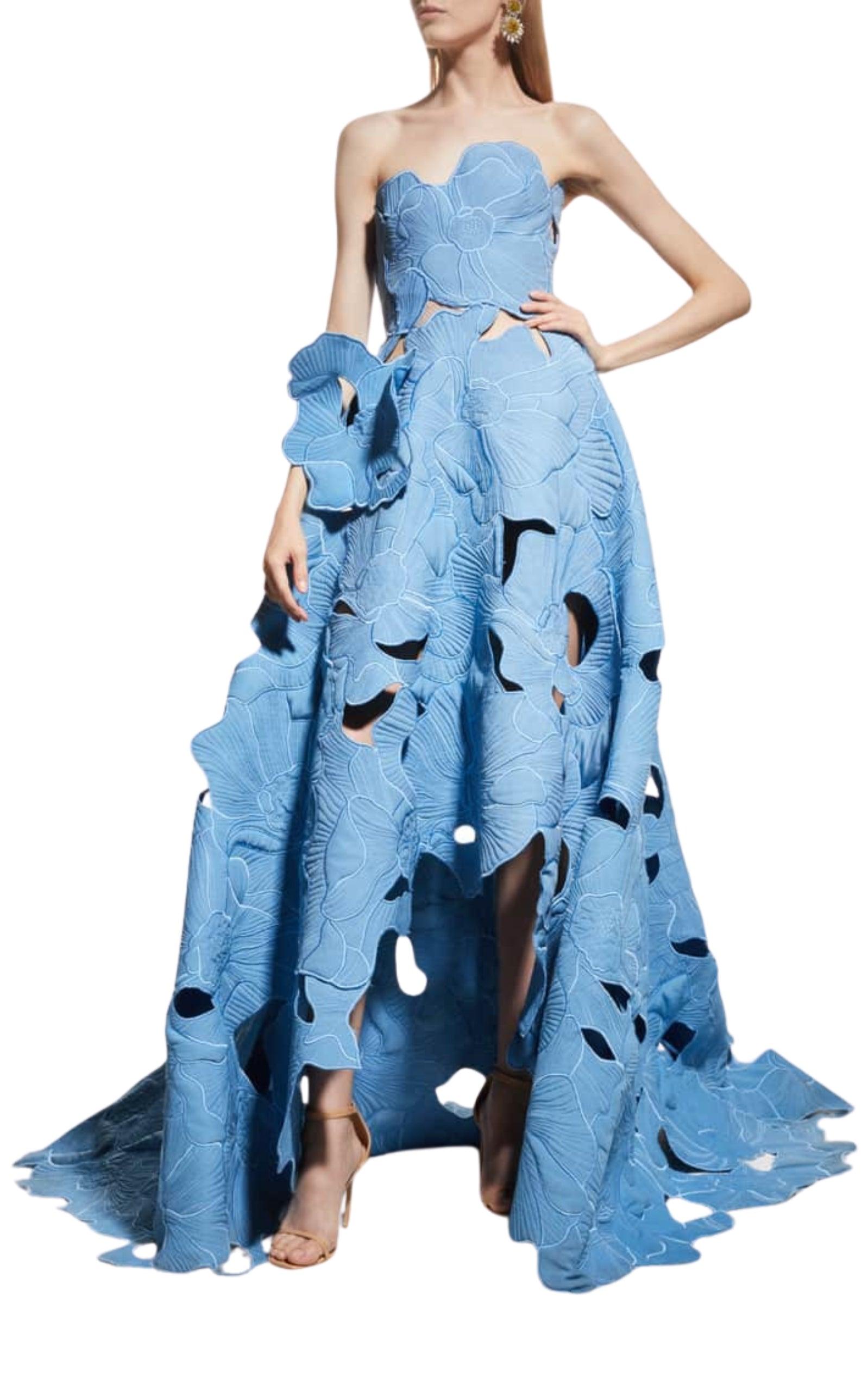 Oscar de la Renta Strapless Floral Embroidered Cutout Ball Gown in Blue