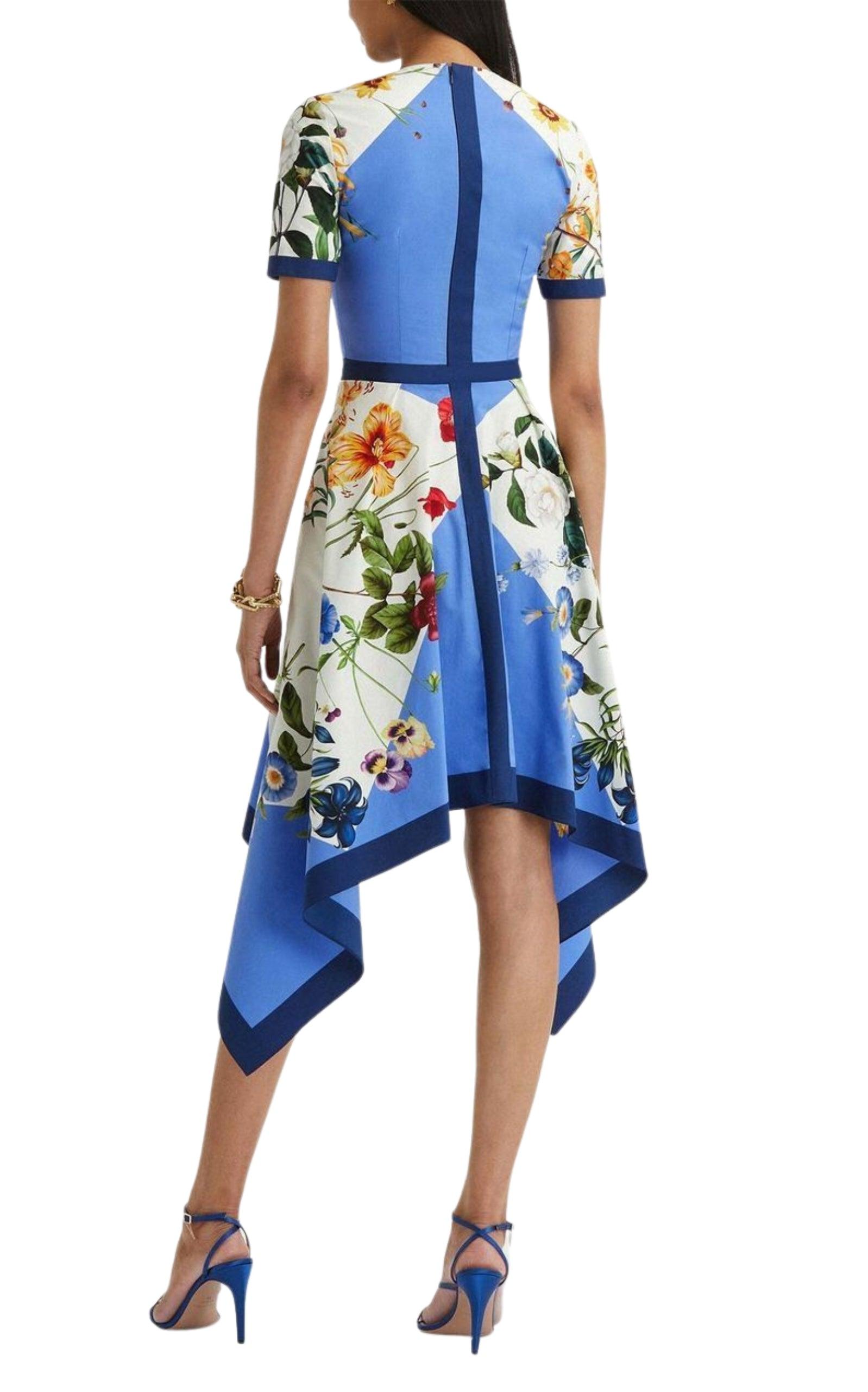 Oscar de la Renta Floral-print Flared Cotton Dress in Blue | Lyst