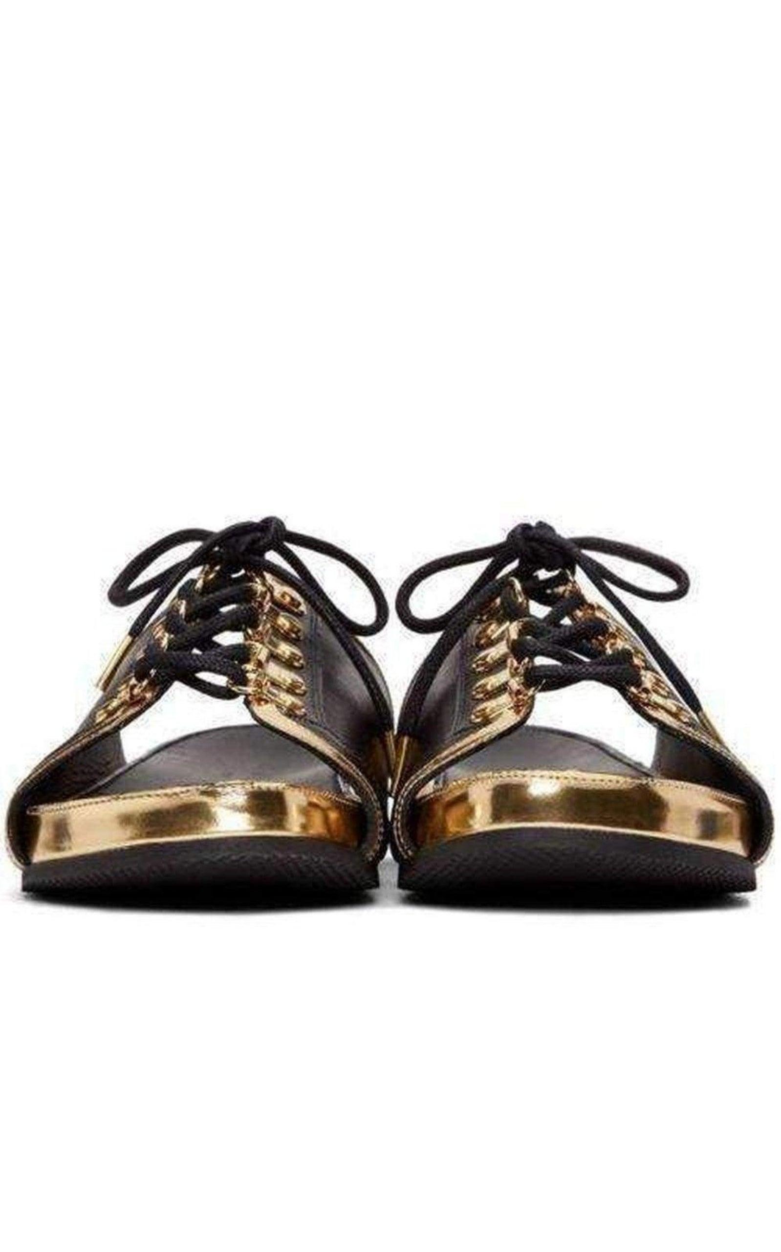 Balmain Gold Lace Up Sliders Leather Sandals in Black for Men | Lyst