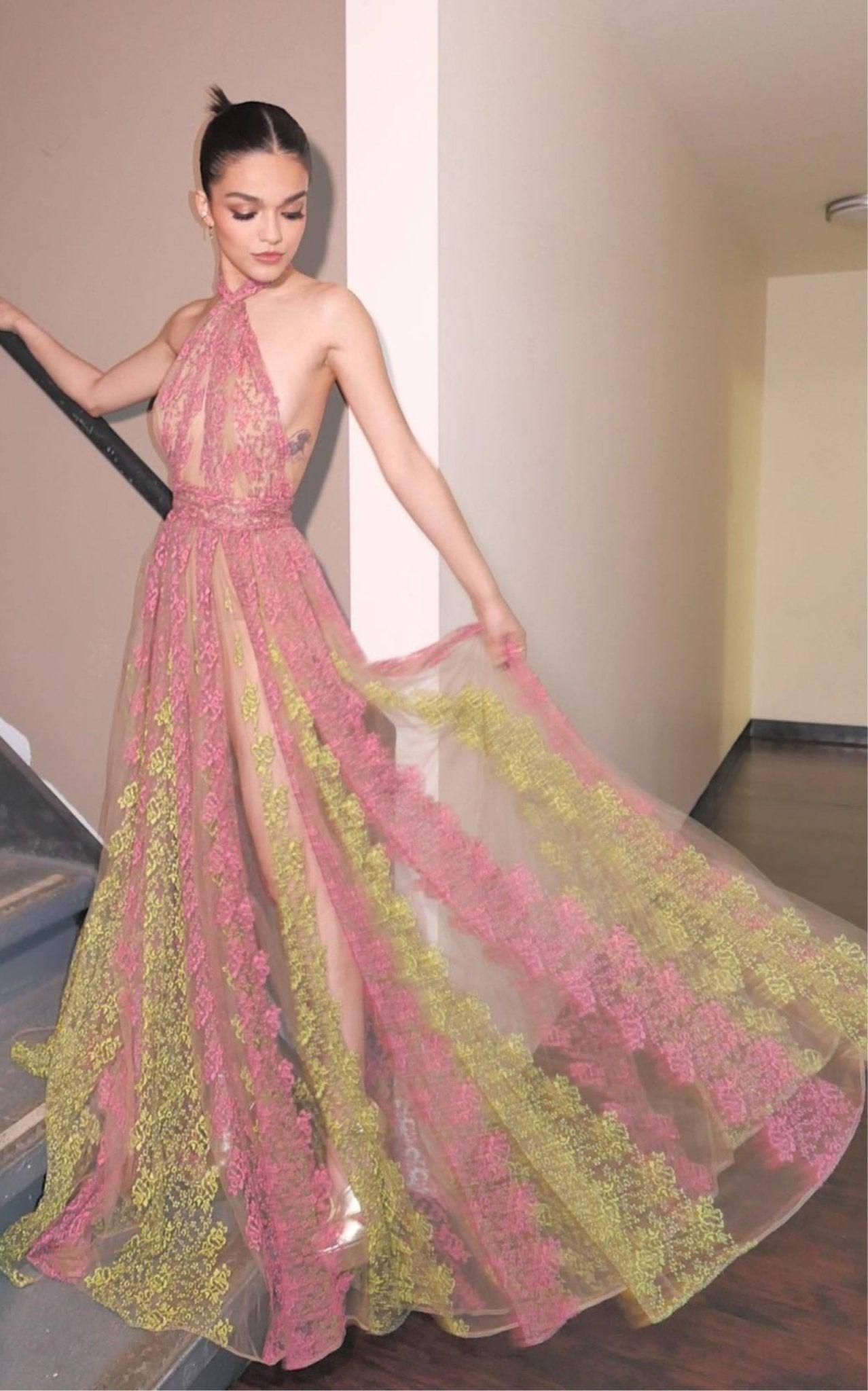 Elie Saab Floral Embroidered Tulle Halter Gown in Pink | Lyst