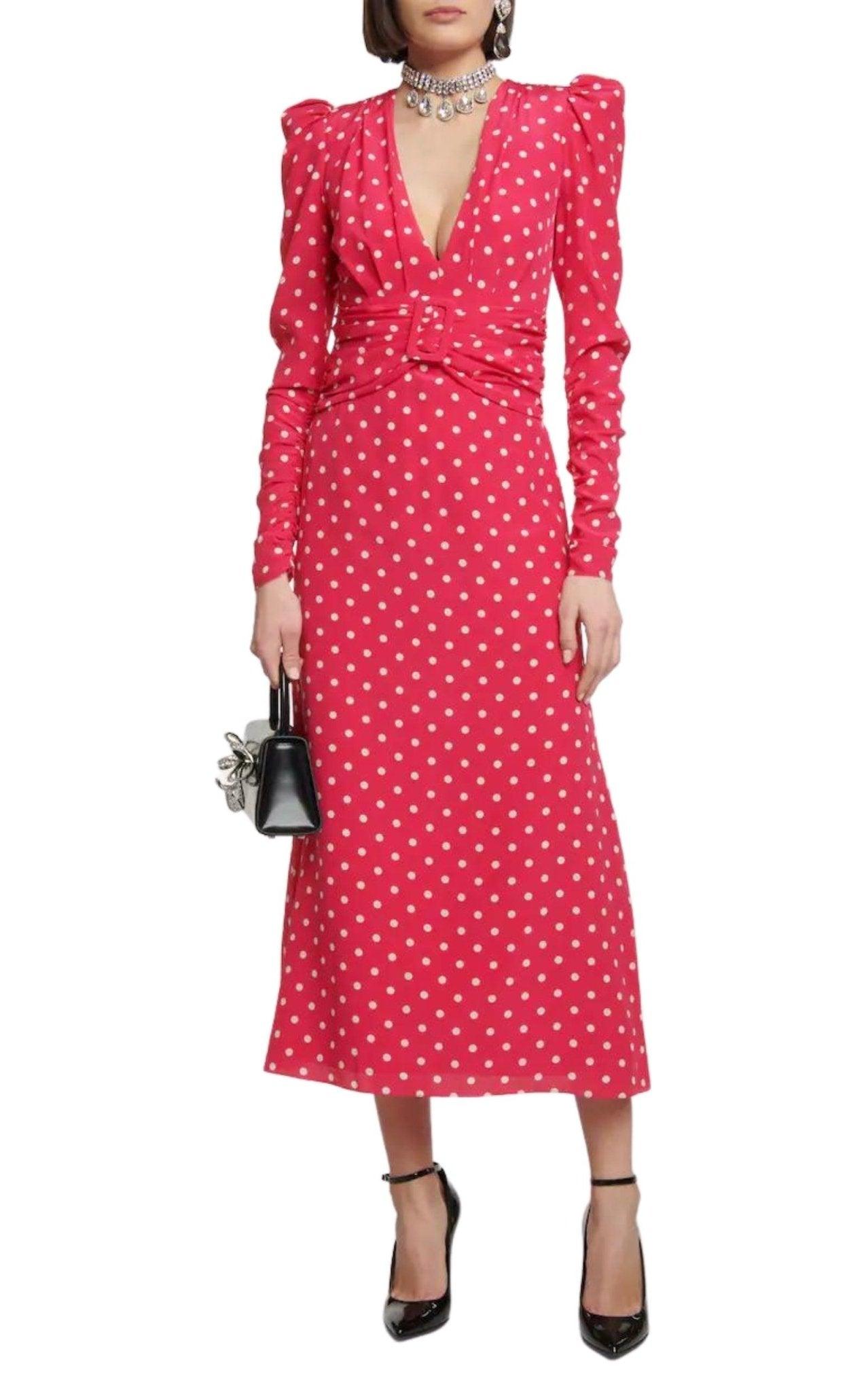 fitted lace wedding dress Zapaka Women Red and White Polka Dots Dress Chiffon A-Line Long Sleeves Tea Length V-Neck Party Dress, Red White Dot / US16W main image 0
