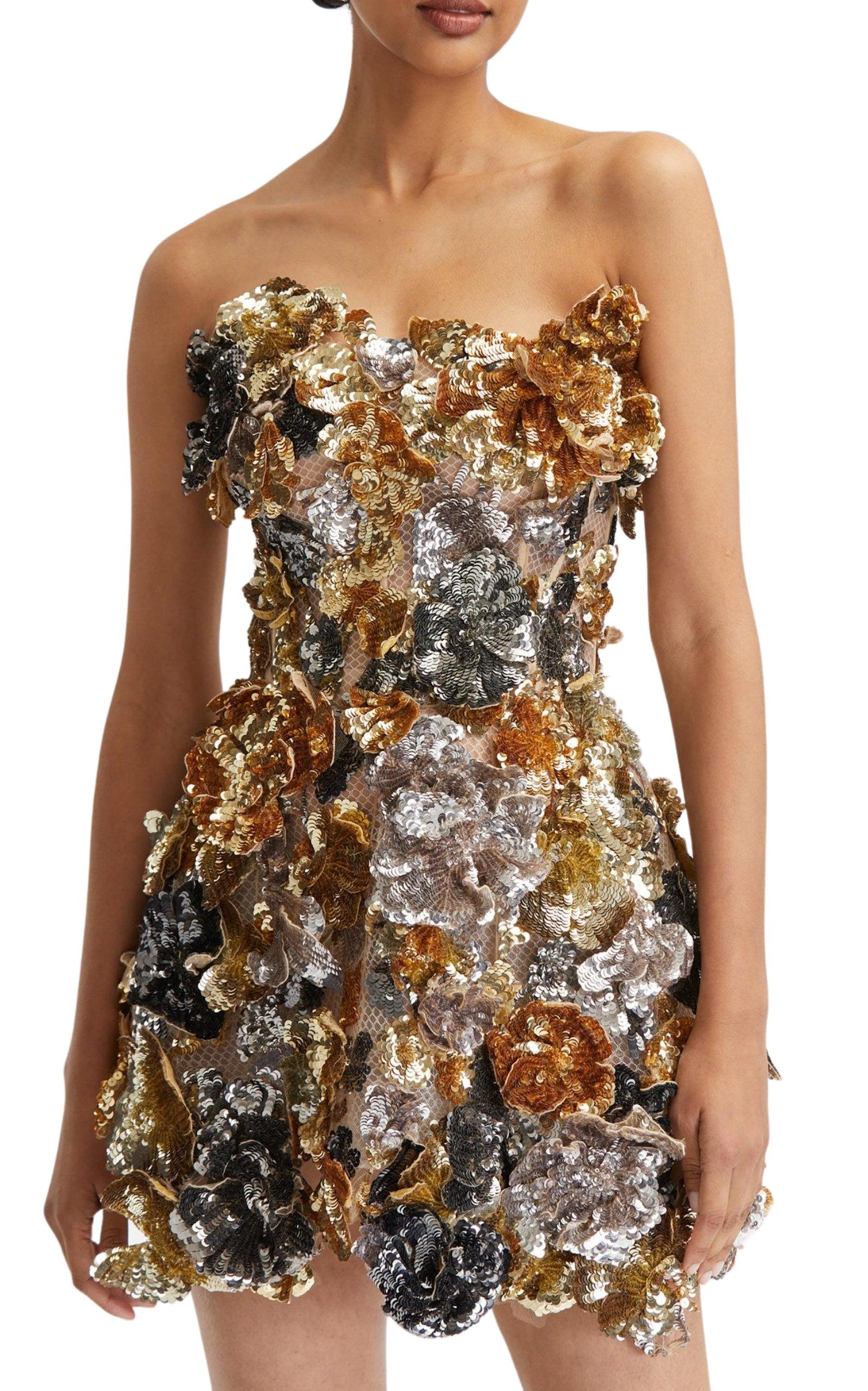 Oscar de la Renta Strapless Floral Sequin Embroidered Cocktail Mini Dress  in Metallic