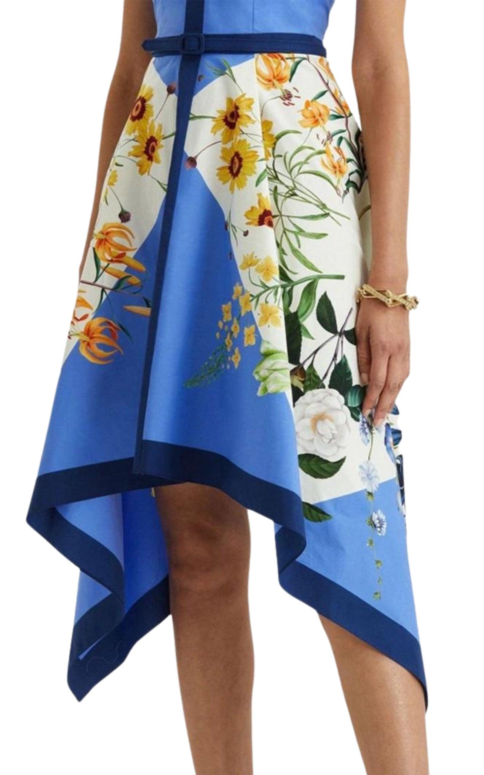 Oscar de la Renta Floral-print Flared Cotton Dress in Blue | Lyst