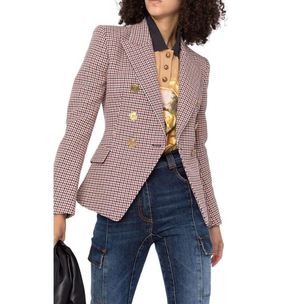 Balmain Houndstooth Double-breasted Wool Blazer in Red - Lyst