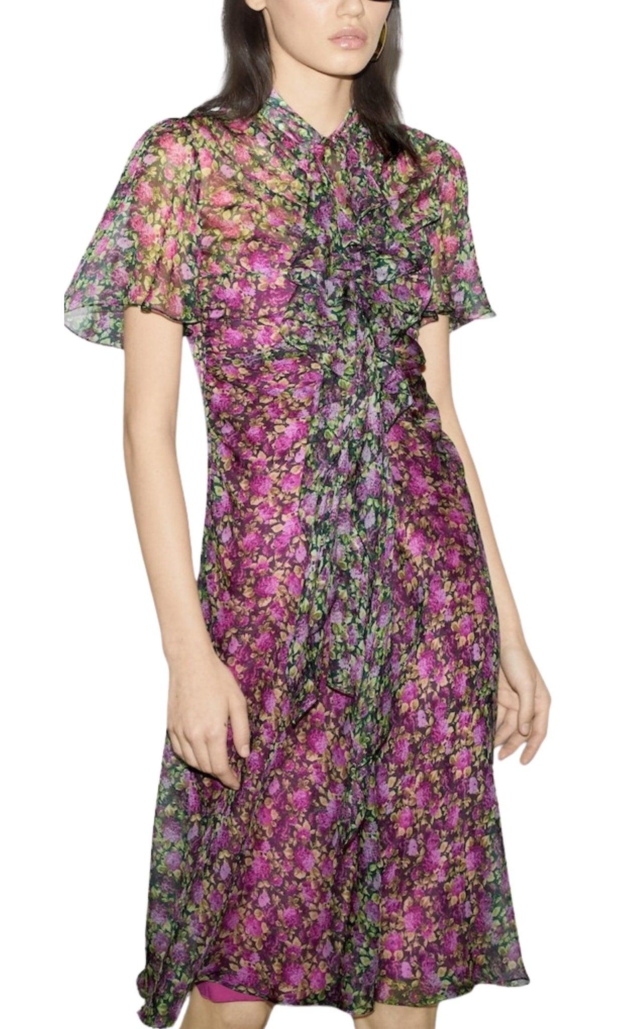 gucci silk dress with flowers Gucci Silk Floral Bow Tie Long Dress Navy Pink Green Size 38 M Italy Auth  Japan