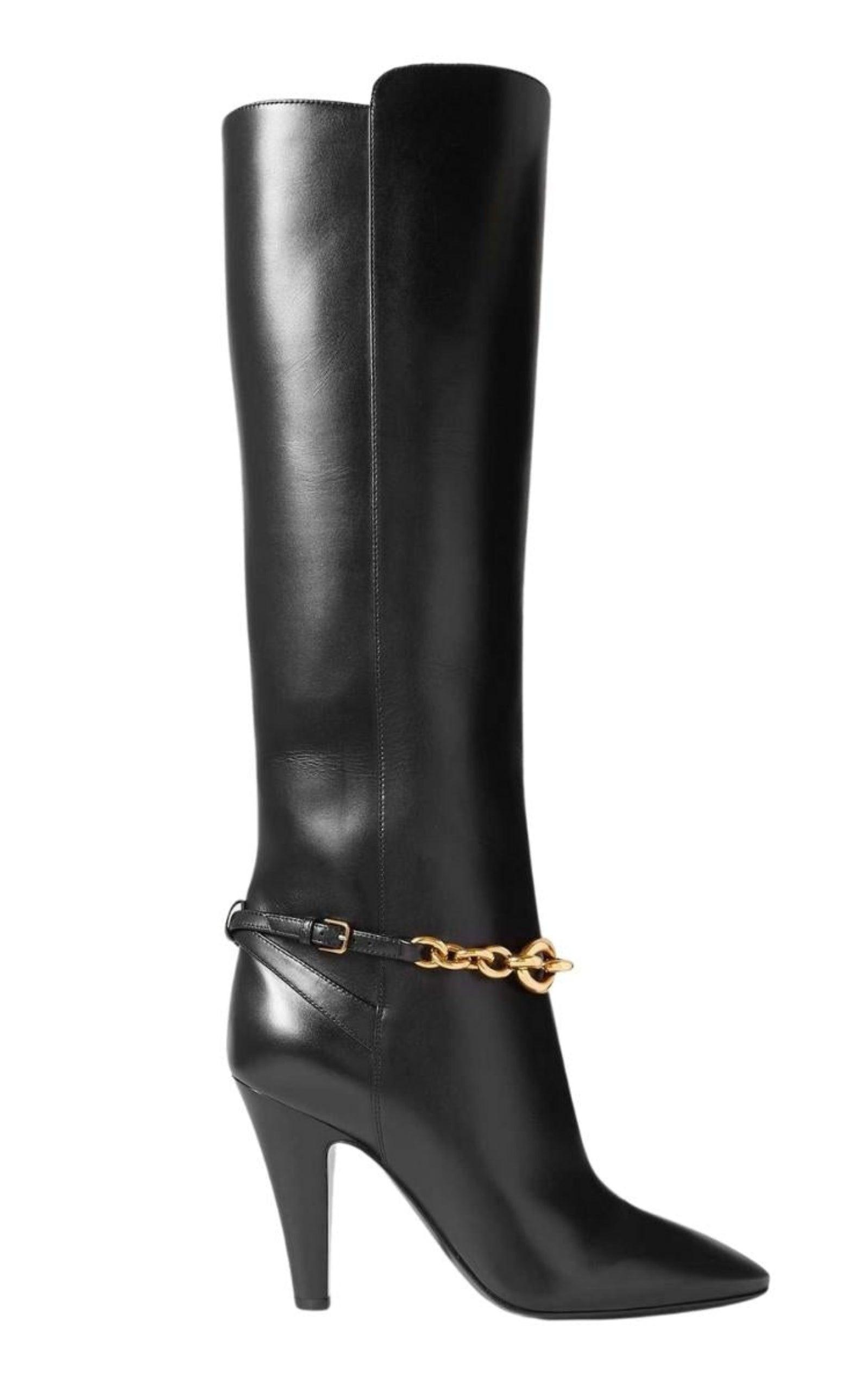 Saint Laurent Le Maillon Chain-embellished Leather Knee Boots in Black |  Lyst