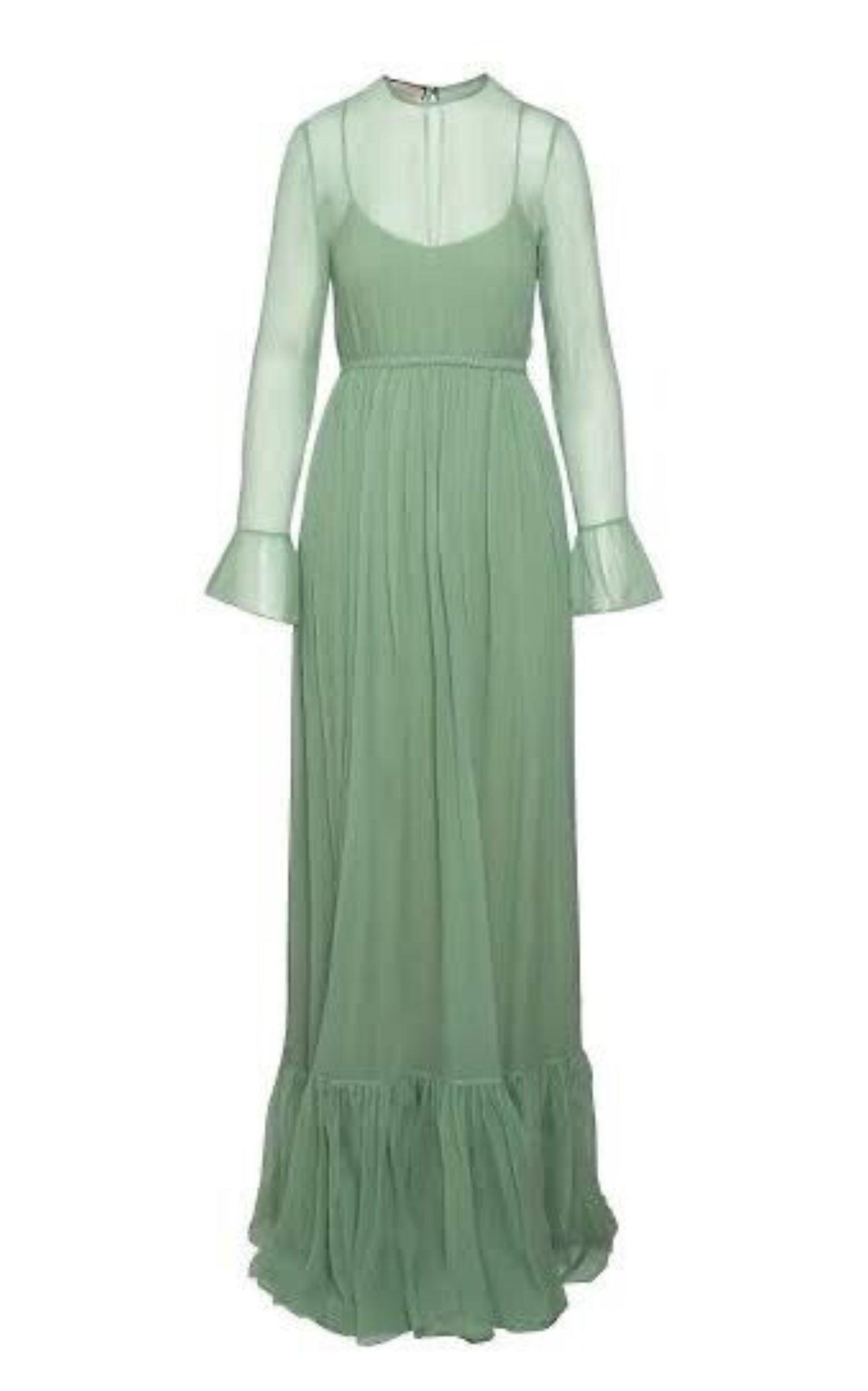 green emerald velvet dress Gucci Green Floral Check-Print Ruffled Silk Gown  Runway Catalog