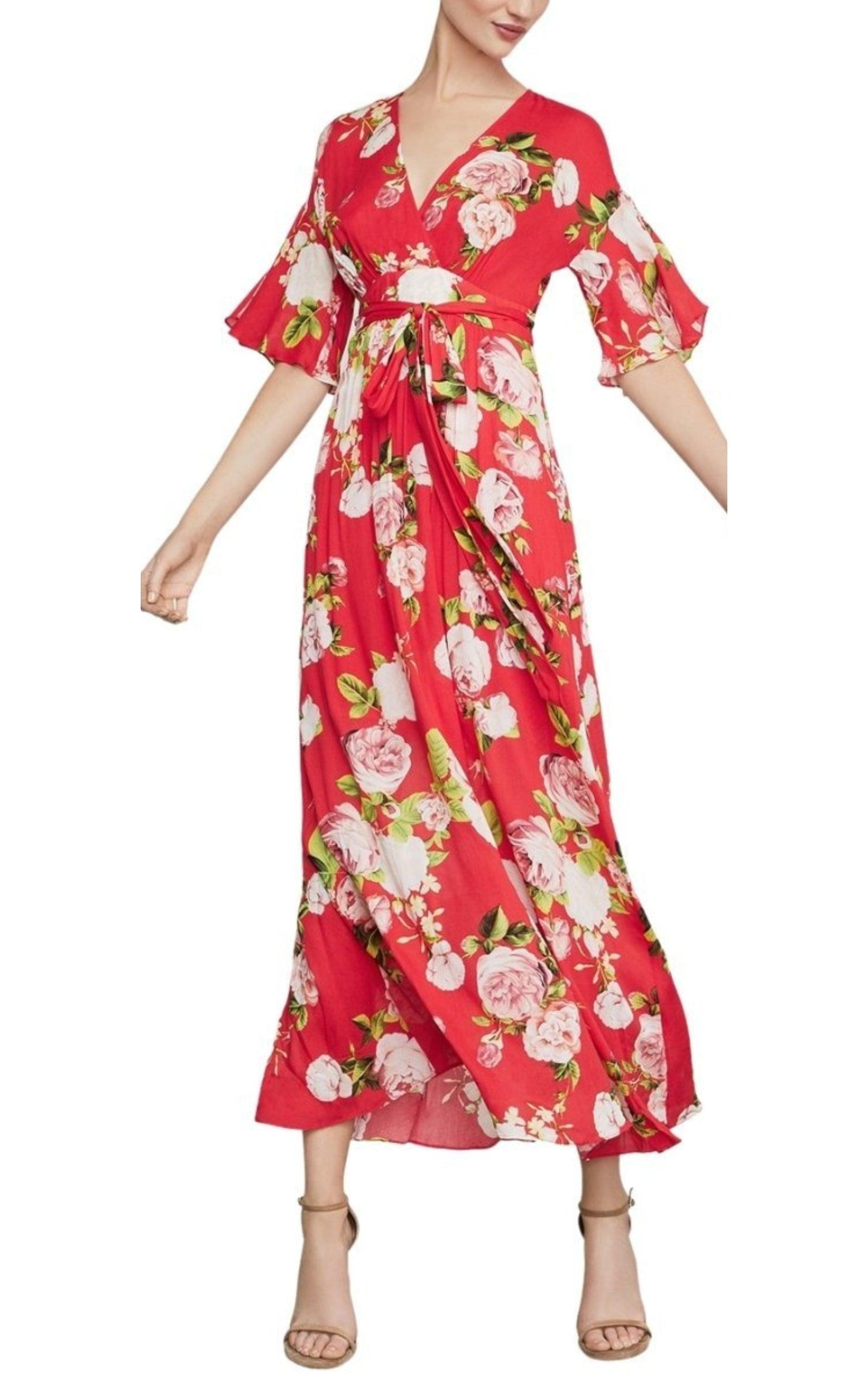 BCBGMAXAZRIA Floral-print Faux-wrap Maxi Dress in Red | Lyst