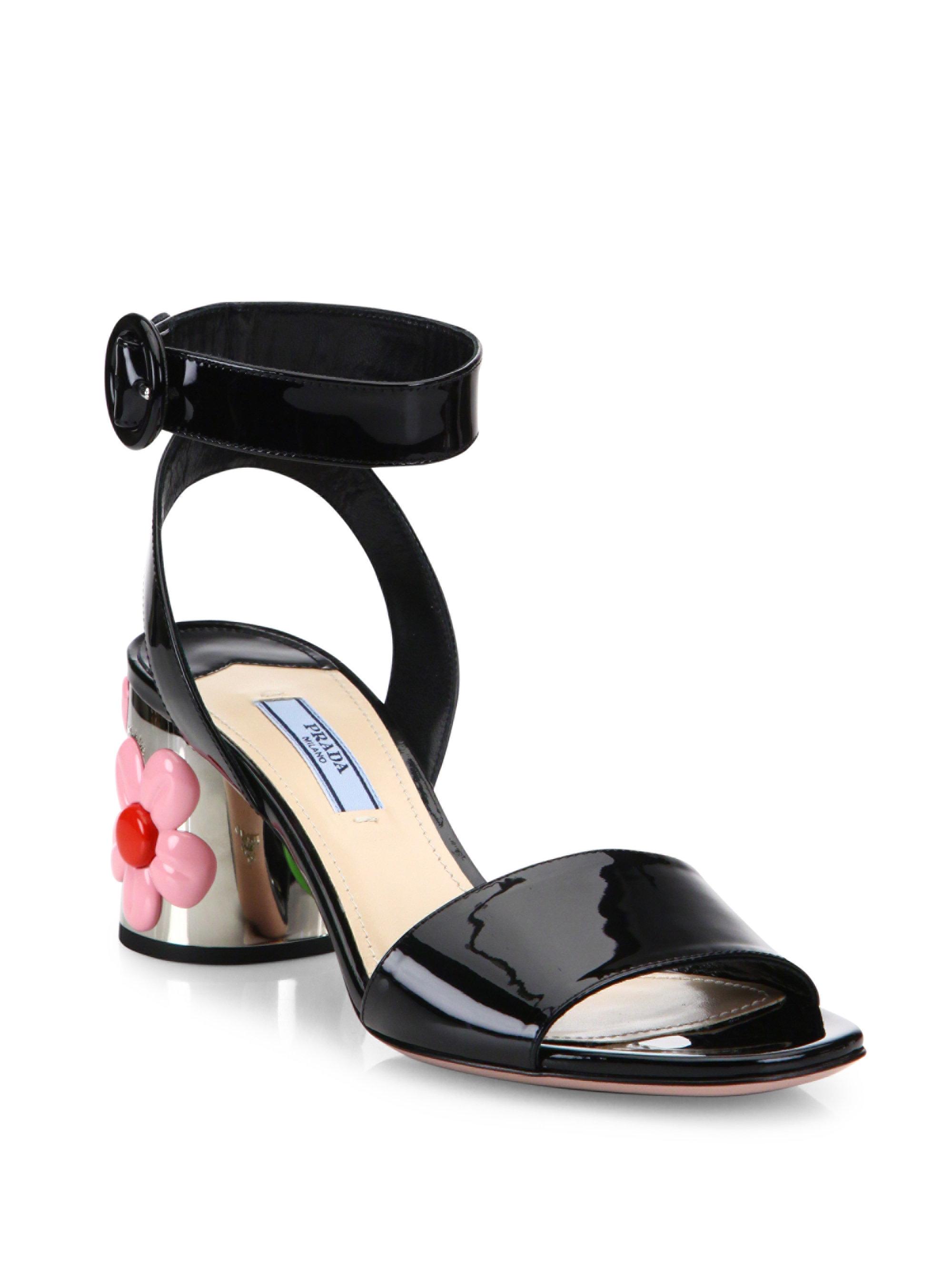 Prada Flower-heel Patent Leather Ankle-strap Sandals in Black | Lyst