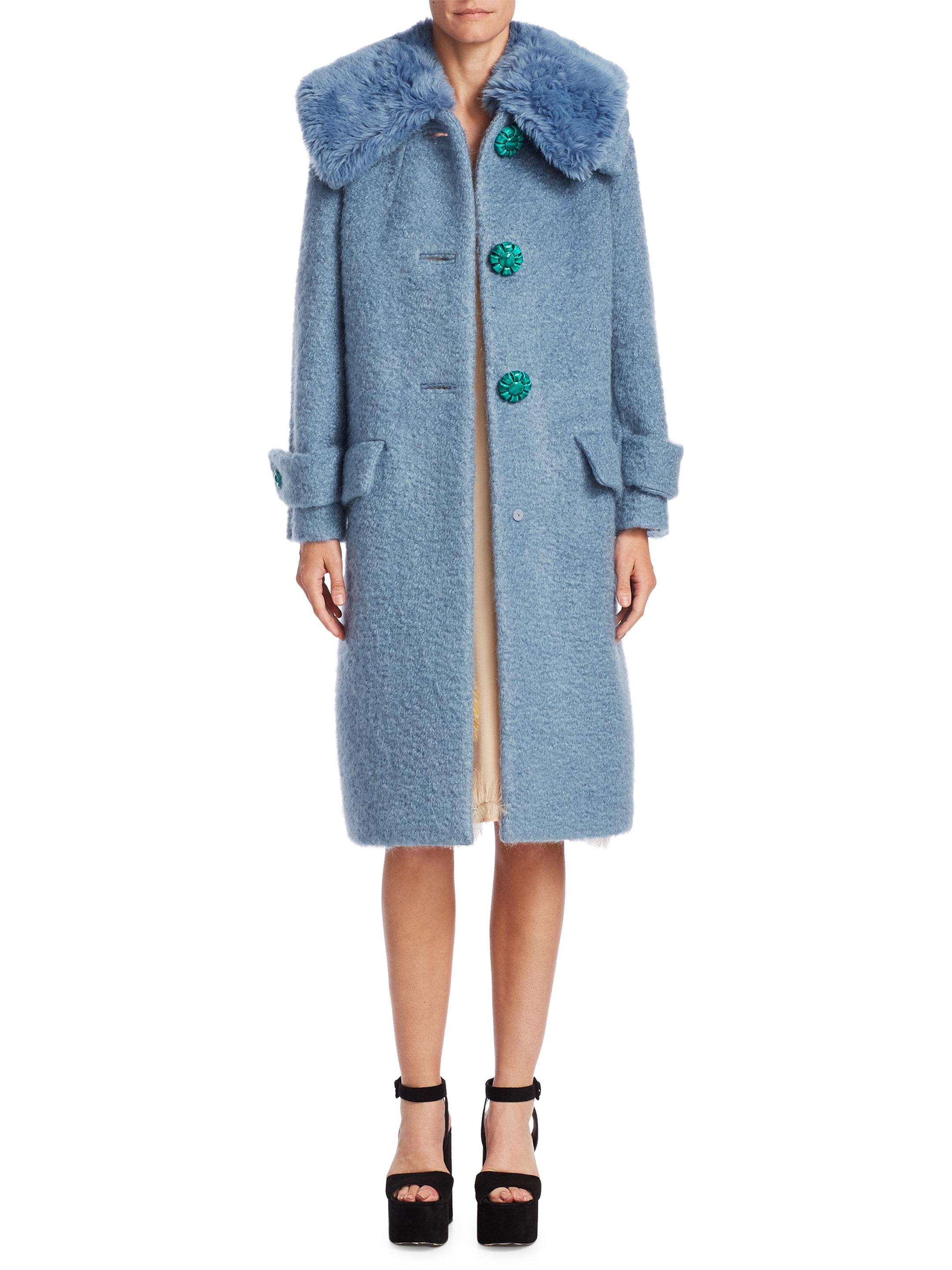 Miu Miu Felted Boucle Coat With Faux Fur Collar in Blue | Lyst